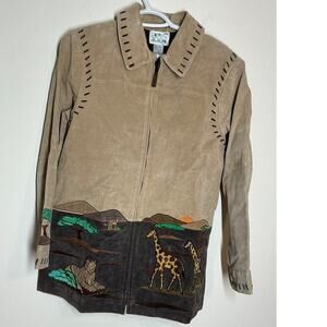 Vintage Quacker Factory Leather Jacket Women's size S Brown Safari Embroidery